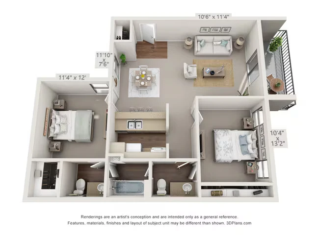 2 Bedroom,  1 1/2 Bath 1807 floor plan